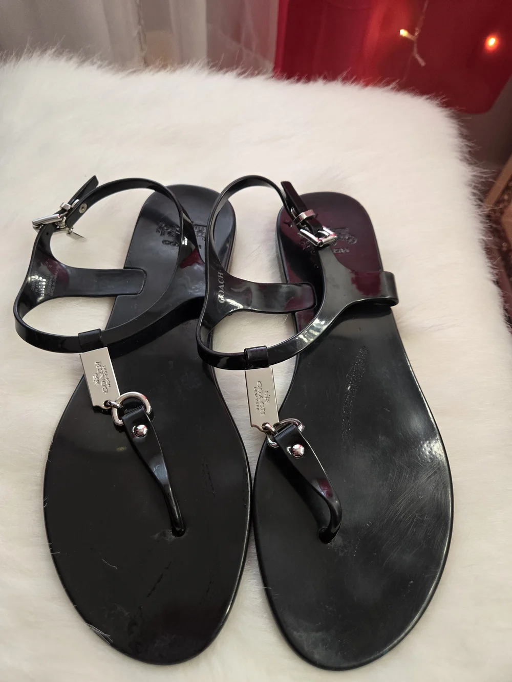 Coach Black Patent T-Strap Sandals with Silver Accents